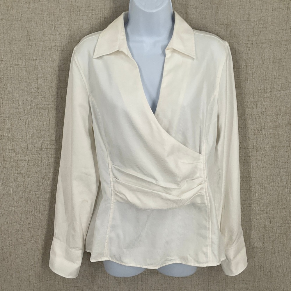 Talbots Blouse Womens 12 Ivory 100% Cotton Herringbone Wrap Ruched Side Classic